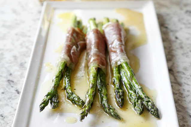 Pancetta-Wrapped Roasted Asparagus With White Balsamic Citrus Vinaigrette